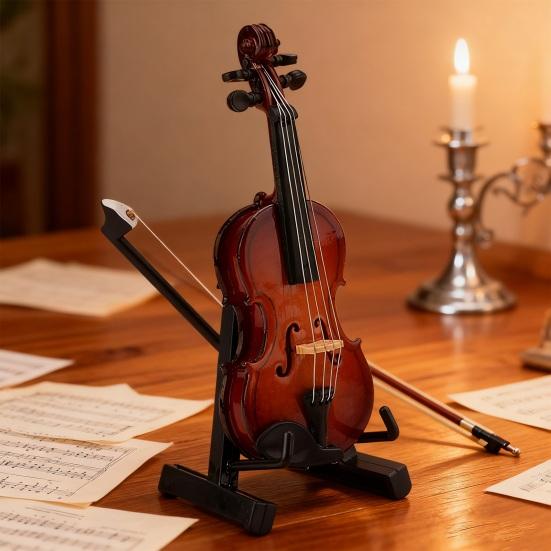 Wooden Mini Violin Model with Stand Playable Tiny Violin Figurine Miniature Musical Instrument Ornament Home Office Desktop Decoration