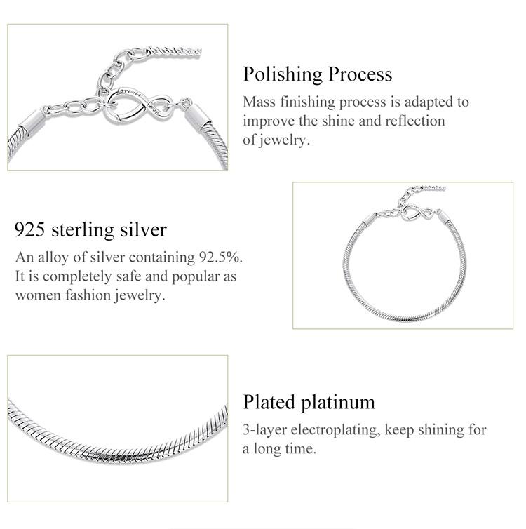 BAMOER 925 Sterling Silver Bracelet Simple Snake Bone An Infinity Symbol Plated Platinum Chain Bracelet Women Jewelry