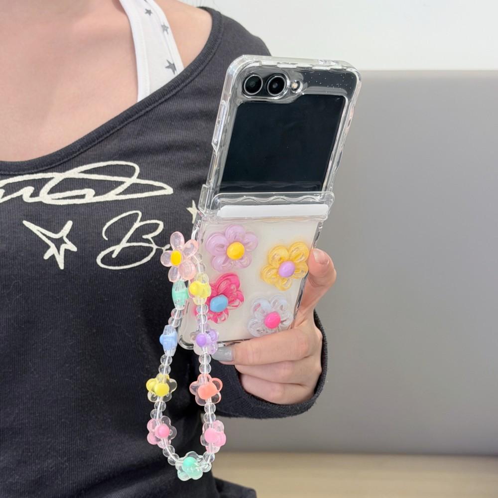 3D For Samsung Galaxy Z Flip 5 6 7 5G Flower Bracele Case Hinge Magnetic PC Shell Shockproof Protective Transparent Back Cover