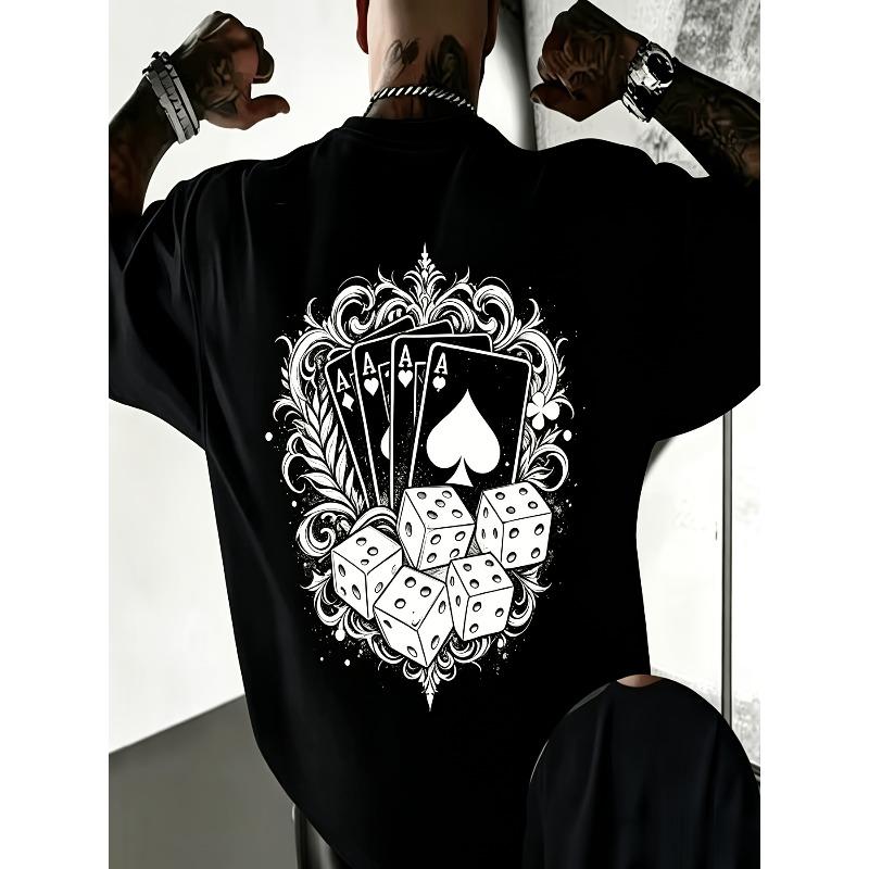 European Size Streetwear Ace of Spades And Dice Print Men'S Crew Neck T-Shirt, Breathable Round Neck Casual Top, Regular Fit for Gym, Office