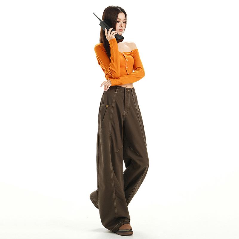 Women's Autumn Retro High Street Loose Fit Straight-Leg Wide Mop Jeans