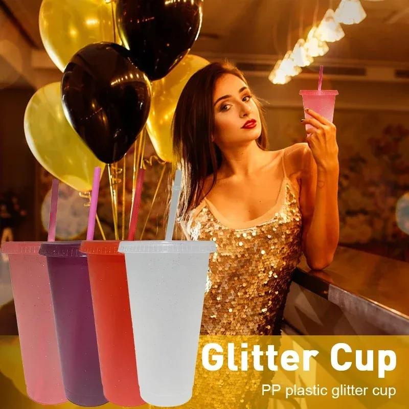 Creative Straw Cup Sequined Glitter Cup Colorful Coffee Juice Straw Mug Simple Cute Net Red Plastic Bottom Outdoor Portable Cup