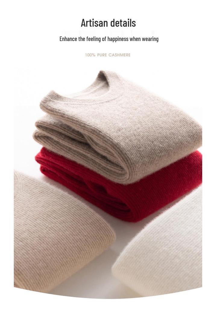 Women's 100% Pure Cashmere Rib Knit Round Neck Sweater - Solid Color Autumn/Winter Base Layer