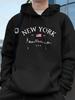 New York-style Letter Print Men's Trendy Hooded Sweatshirt for Fall/winter, Creating a Street Style Look—a Loose and Comfortable Top.
