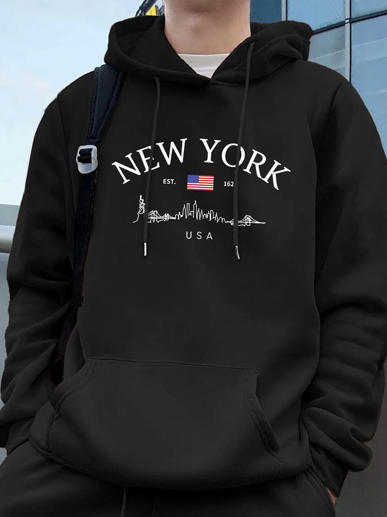 New York-style Letter Print Men's Trendy Hooded Sweatshirt for Fall/winter, Creating a Street Style Look—a Loose and Comfortable Top.