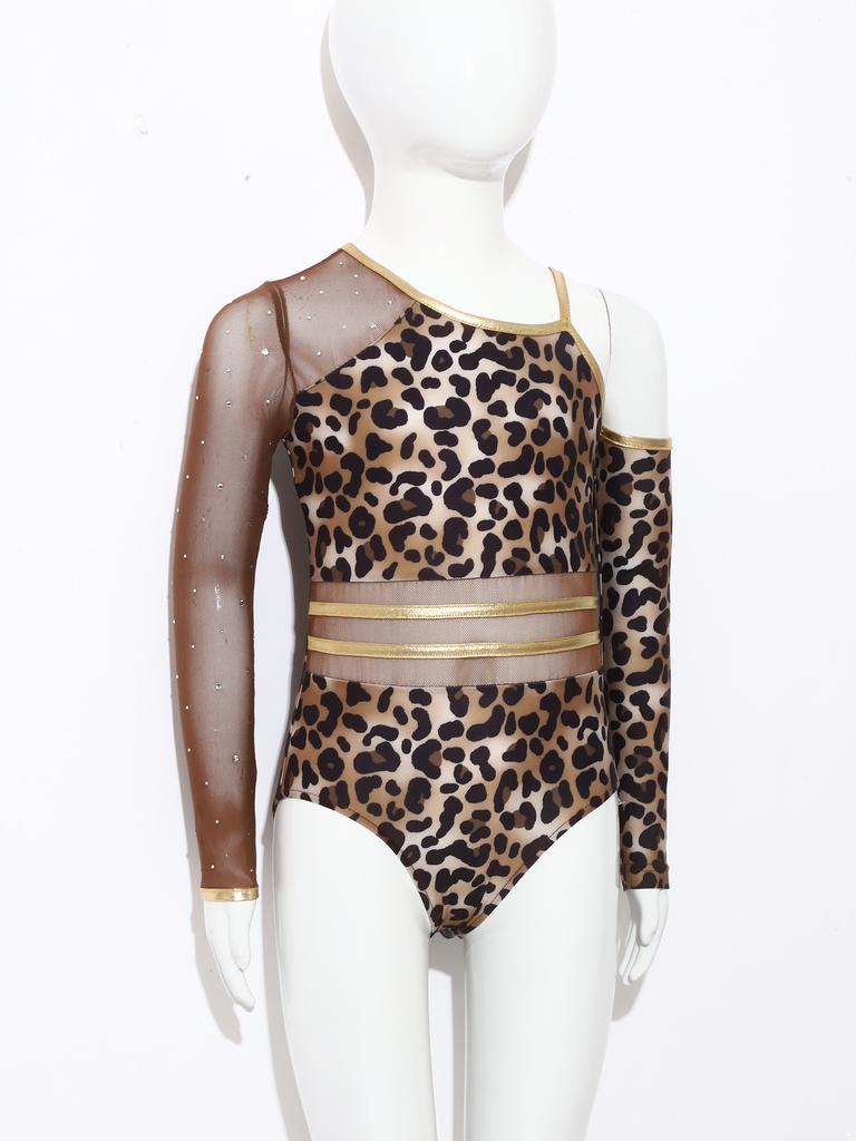 Kids Girls Leopard Printed Gymnastics Ballet Leotards Dance Performance Costume Rhinestones Caveman Jumpsuit with Oversleeve