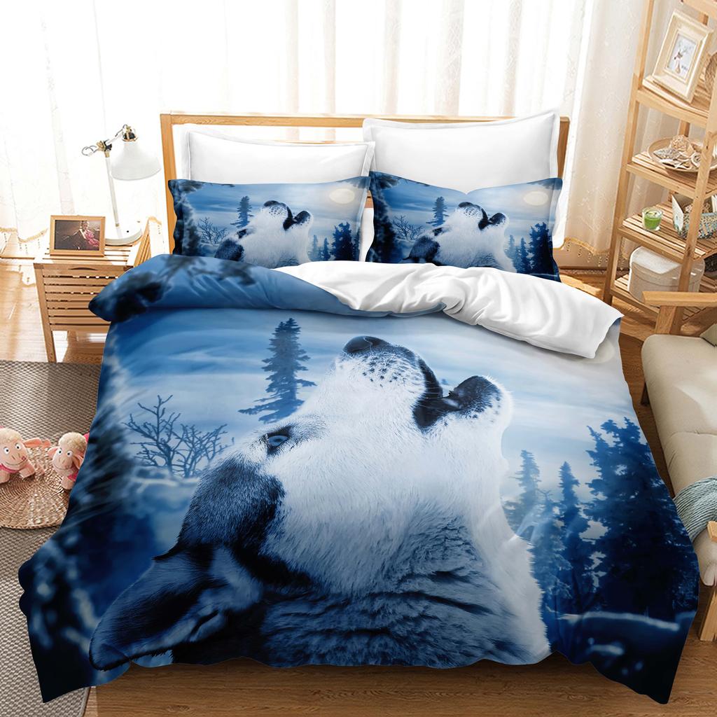 Lenjerie de pat de uz casnic cu model de lup 3D Pat de o persoană Pat dublu Față de pernă cu imprimeu de lup și husă de pilota 2/3 seturi de lenjerie de pat dormitor pentru adulți și copii