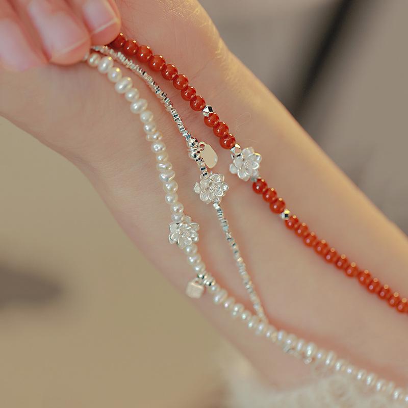 Lotus broken silver pearl bracelet women's retro new Chinese style natal fashion design versatile Nanhong agate bracelet