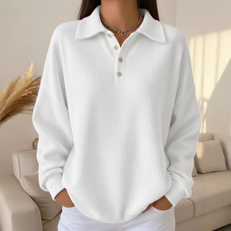 Loose Solid Color Turn Down Collar Waffle Long Sleeve Women Casual Polo Shirt