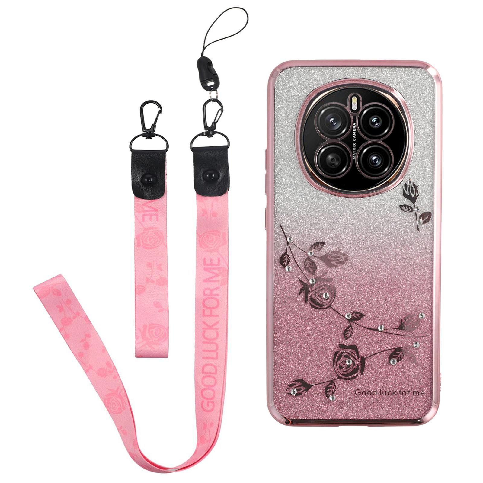 

KADEM For Honor Magic7 5G Case Flower Pattern TPU Gradient Phone Cover with Lanyards Rose Gold