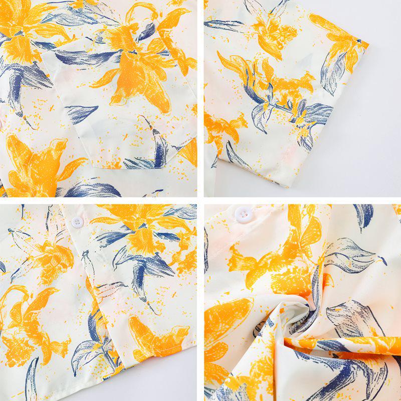 Men's Yellow Floral Print Ice Silk Vacation Shirt - Short Sleeve, Loose Casual Style