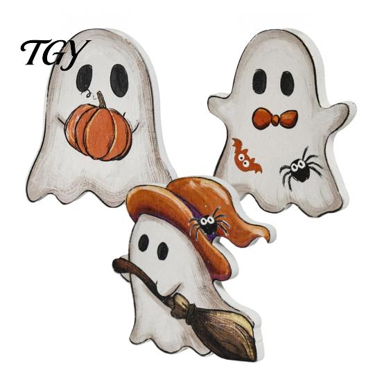 Lightweight Halloween Party Supplies Cute Ghost Sign, Pumpkin Tombstone Wooden Plaque Reusable Autumn Seasonal Accents for Tiered Tray Decor,