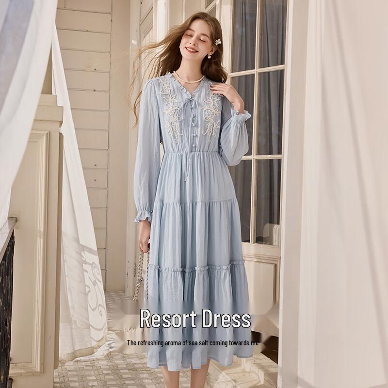 Women's V-Neck Embroidered A-Line Tiered Resort Dress
