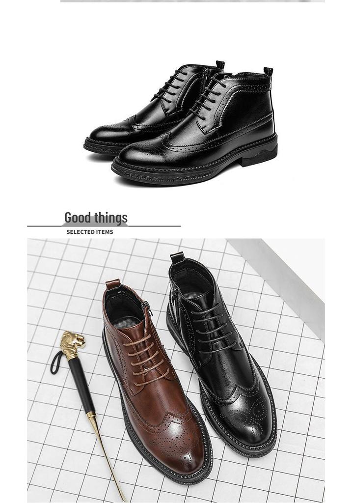 Brogue Martin Men's Autumn Pointed Toe High-Top Leather Chelsea Boots - European & American Mid-Calf Style