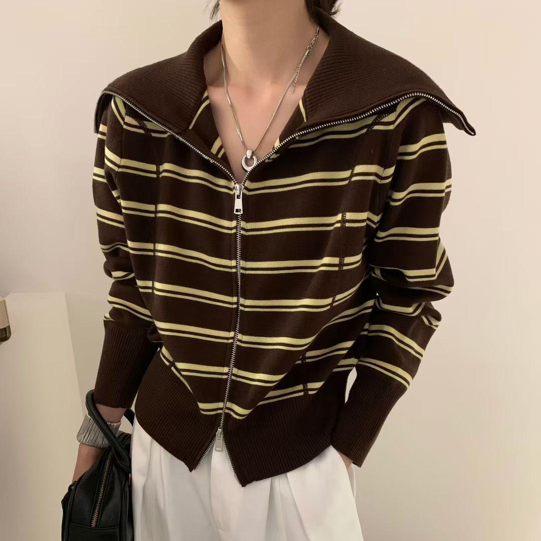 250 Jin Plus Size Women s Color Block Stripe Knit Top - Stylish, Versatile, Age-Reducing, Long-Sleeve for Autumn & Winter 2XL