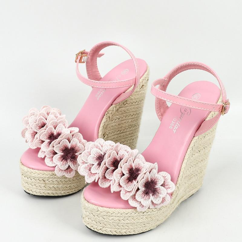 Summer Fashion Flowers Open Toe Solid Weave Platform Wedges High Heels Women Sandals Buckle Strap Shoes Sandalias De Mujer