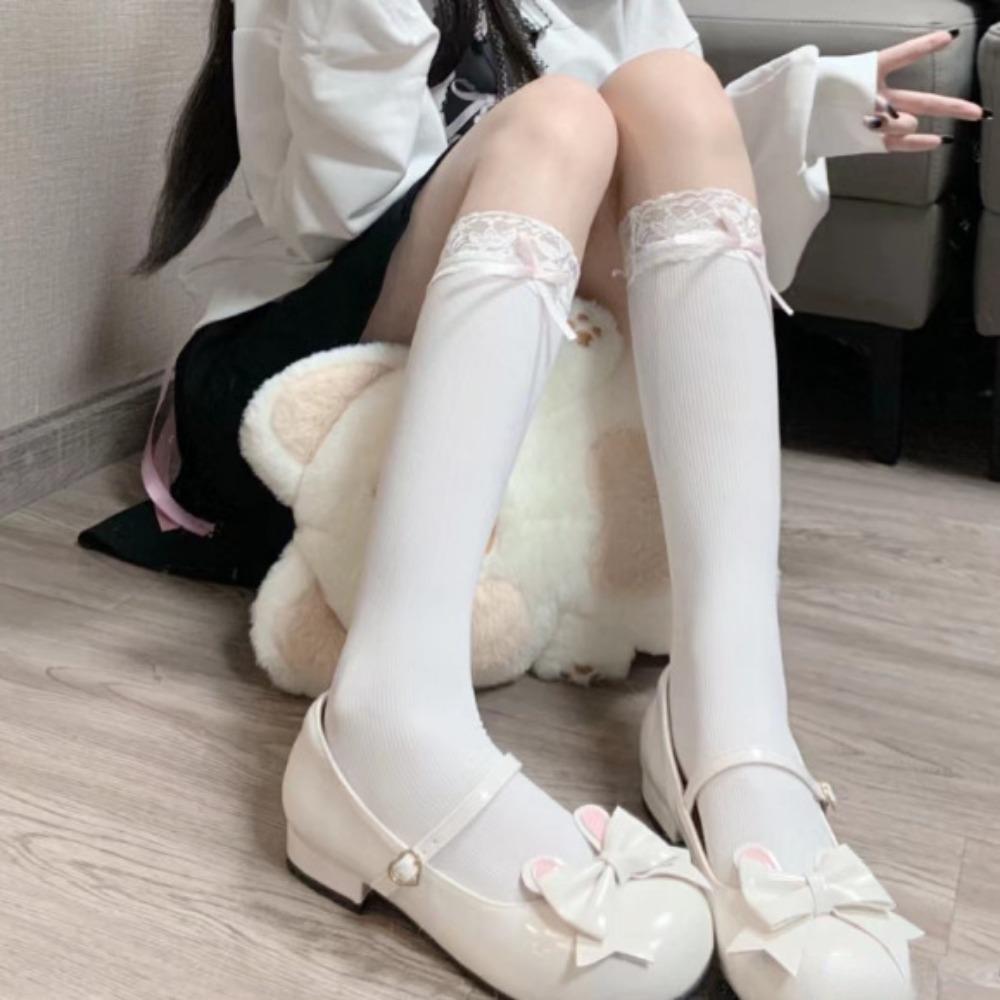 Lolita Pure Desire Summer JK Bow Velvet Ballet Stacking Socks Medium Tube Socks Lace Calf Socks