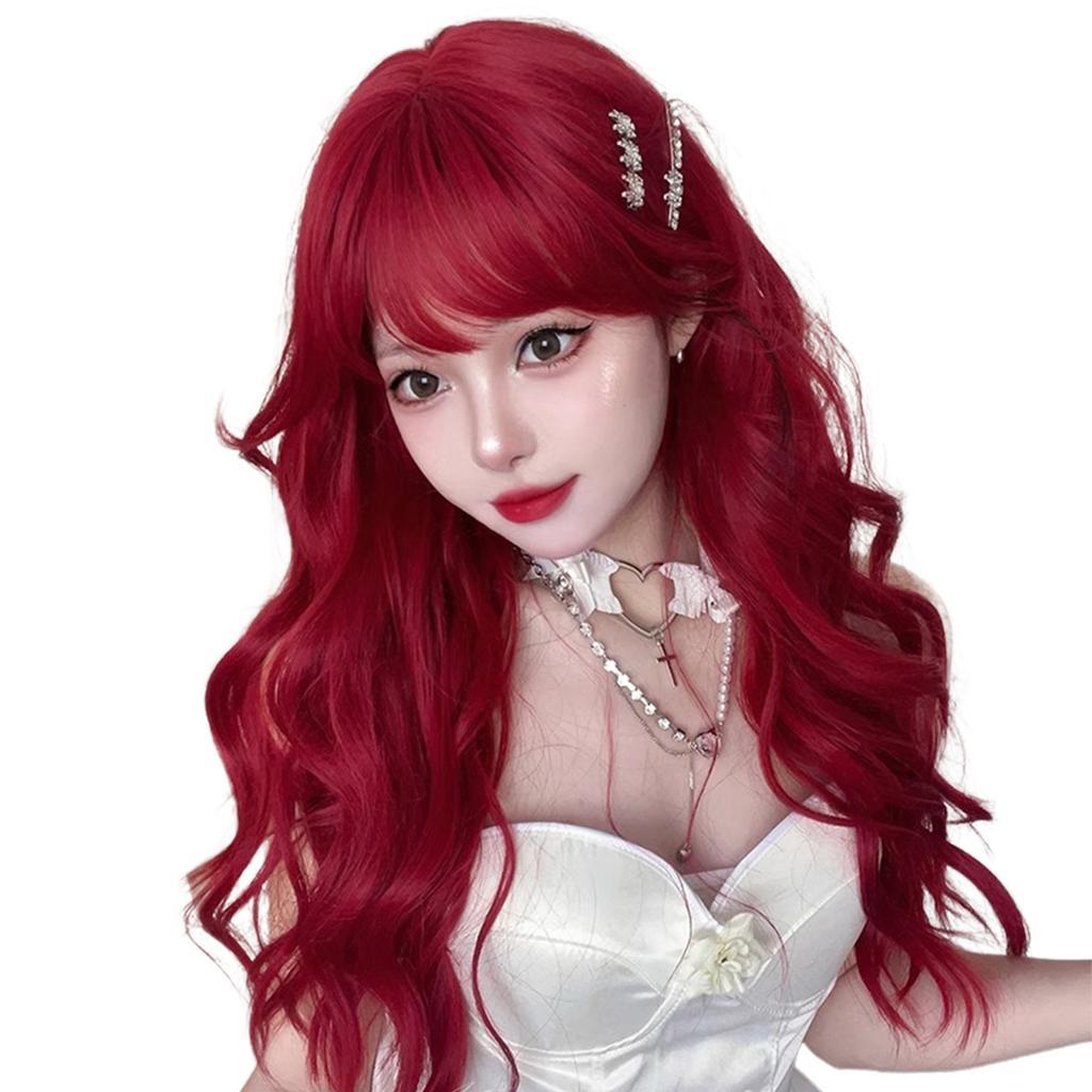 Jk Style Lolita Full Wig with Bangs Mera Red Water Wave Synthetic Fiber for Cosplay Costume