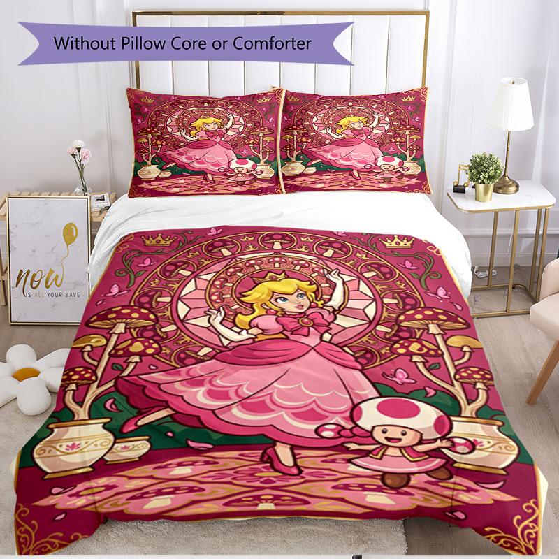 3pcs Duvet Cover Set (1*Duvet Cover + 2*Pillowcase, Without Core), Princess Peach Toadstool Print Soft All‑Season Bedding Set, Home Bedroom Decor Gift
