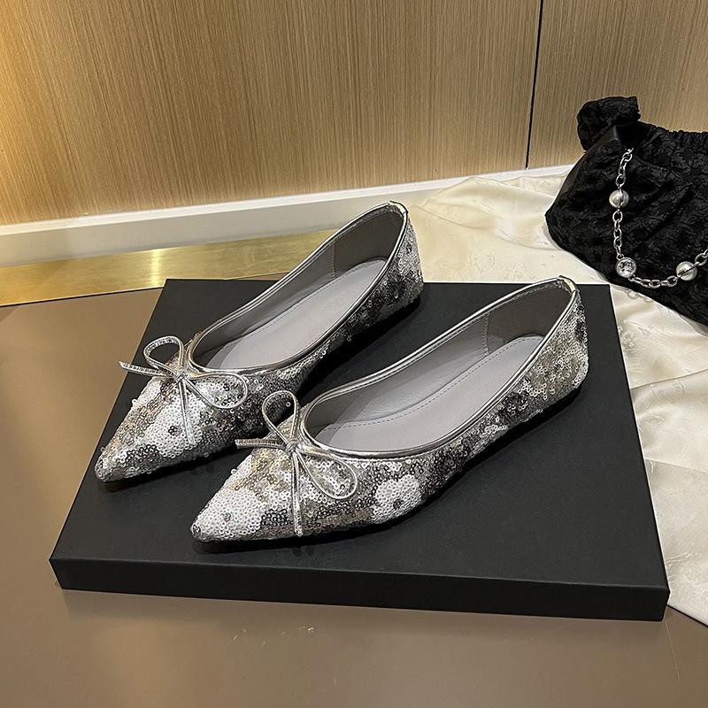 Fashion Flat Shoes for Women 2025 Spring Autumn Sequins Bling Shallow Pointed Bow Ladie Shoe Plus Size Women's Shoes 41-43 Loafers Women