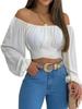 Women's Off Shoulder Ruched Tie Back Crop Top Lantern Sleeve Boho Summer Blouse