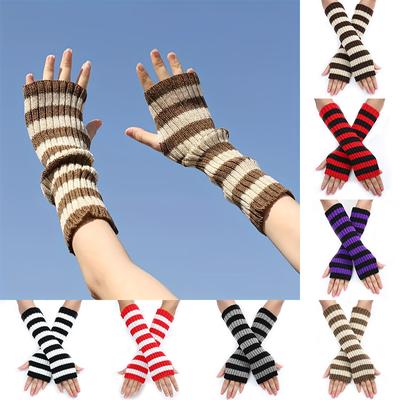 1 Pair Knitted Arm Warm Gloves Autumn Winter False Sleeves Stripe Elbow Mittens