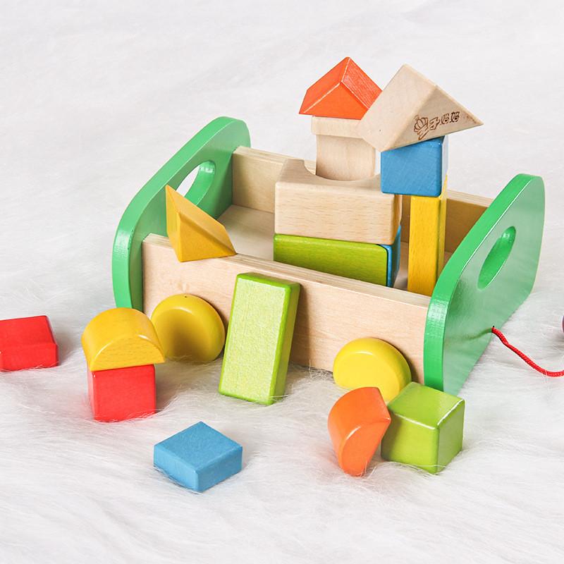 Colorful Wooden Kids Cart Toy Shape Color Recognition Toddlers Early Education