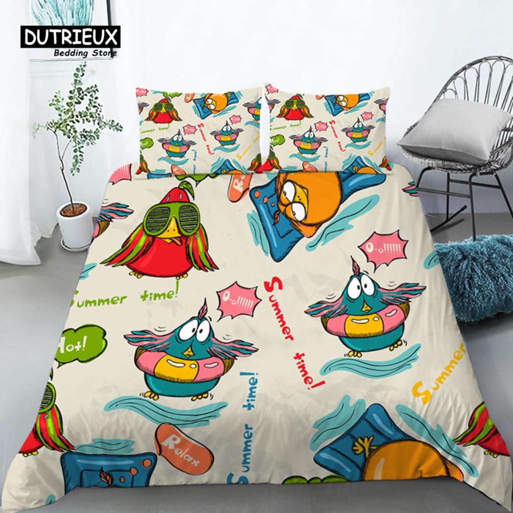 Bettwäscheset für Kleinkinder mit Cartoon-Tieren, Doppelbettgröße, für Kinder, Mädchen, Jungen, Zimmerdekoration, Vögel, Löwen, Fische, Druck, Bettbezug mit Kissenbezügen