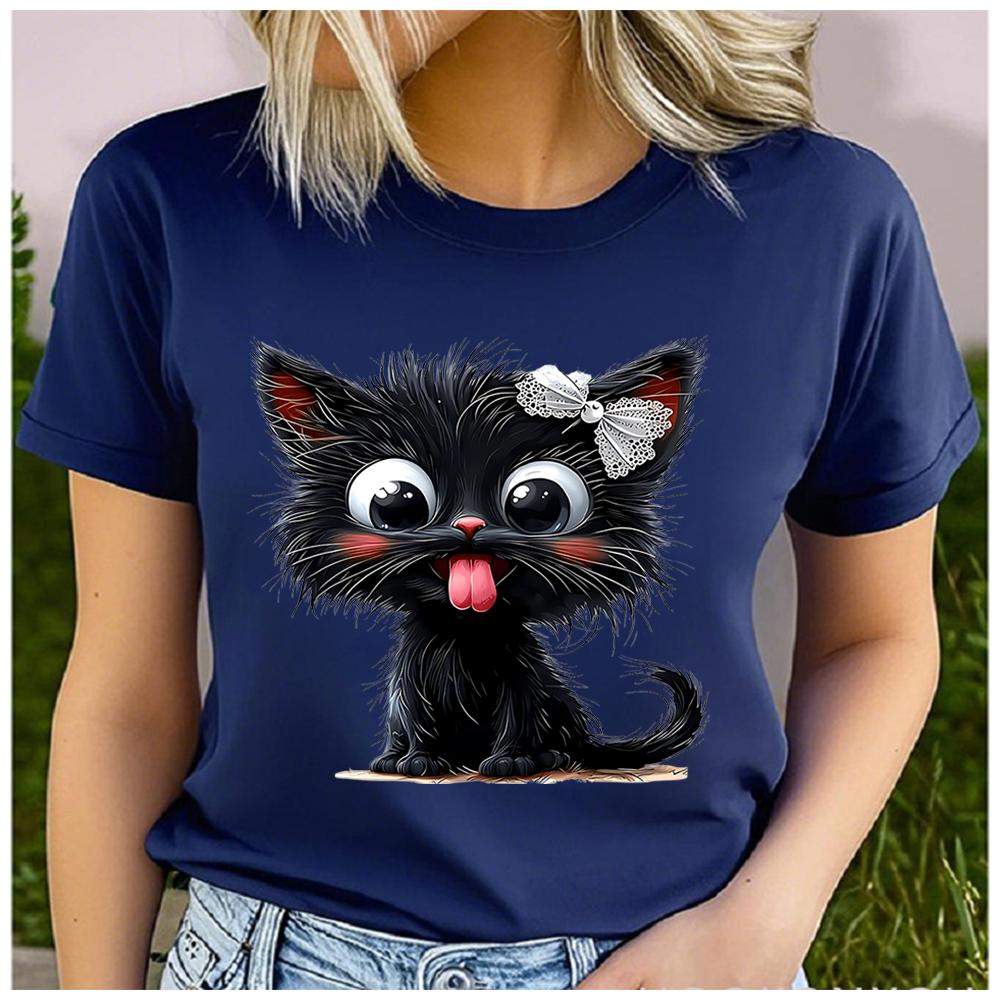 Unisex 100% Polyester Summer Top  little black cat sticking out its tongue Print Loose round Neck Short Sleeve Fashion for Lovers