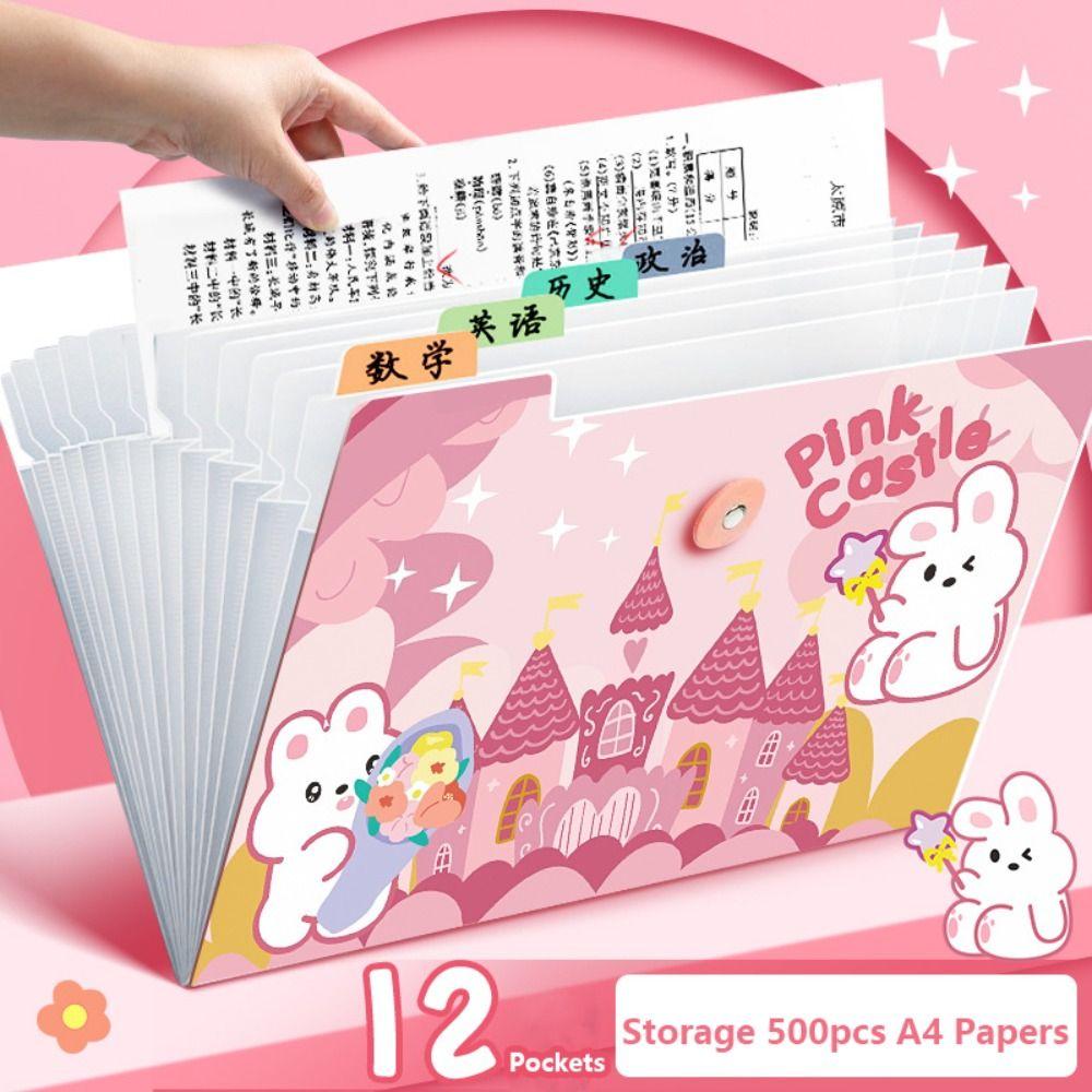 

Large Capacity A4 File Folder Waterproof Document Bag Fashion Portfolio Pink-12 Pockets