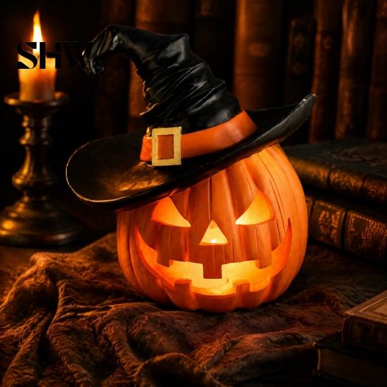 Weighted Solid Resin Figurines Halloween Pumpkin Ornament with Witch Hat, Jack O Lantern Decorative Lamp, Tabletop Figurine for Party Spooky