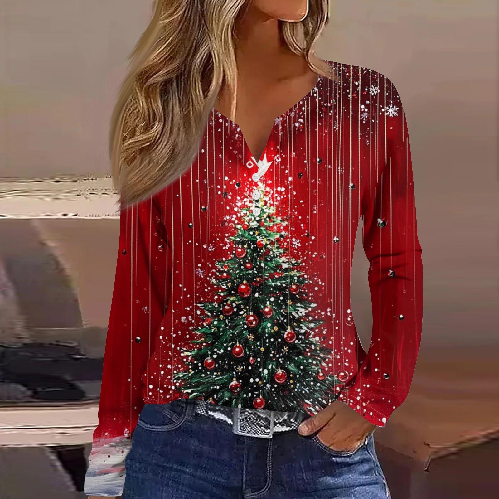 

Женская футболка с рождественским принтом на пуговицах с длинным рукавом, повседневная, выходного дня, модная, базовая, с V-образным вырезом, обычная XXXL