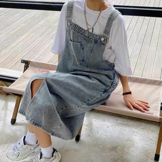 Robe en jean à bretelles sans col, ample, dos nu, sans manches, poches latérales, ourlet fendu, couleur unie, bandoulière réglable, robe mi-longue pour étudiante