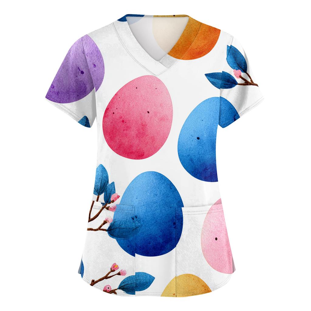 Women's Fashion V-Neck Short-Sleeved Workwear With Pockets Easter Print Top Caregiver Uniform