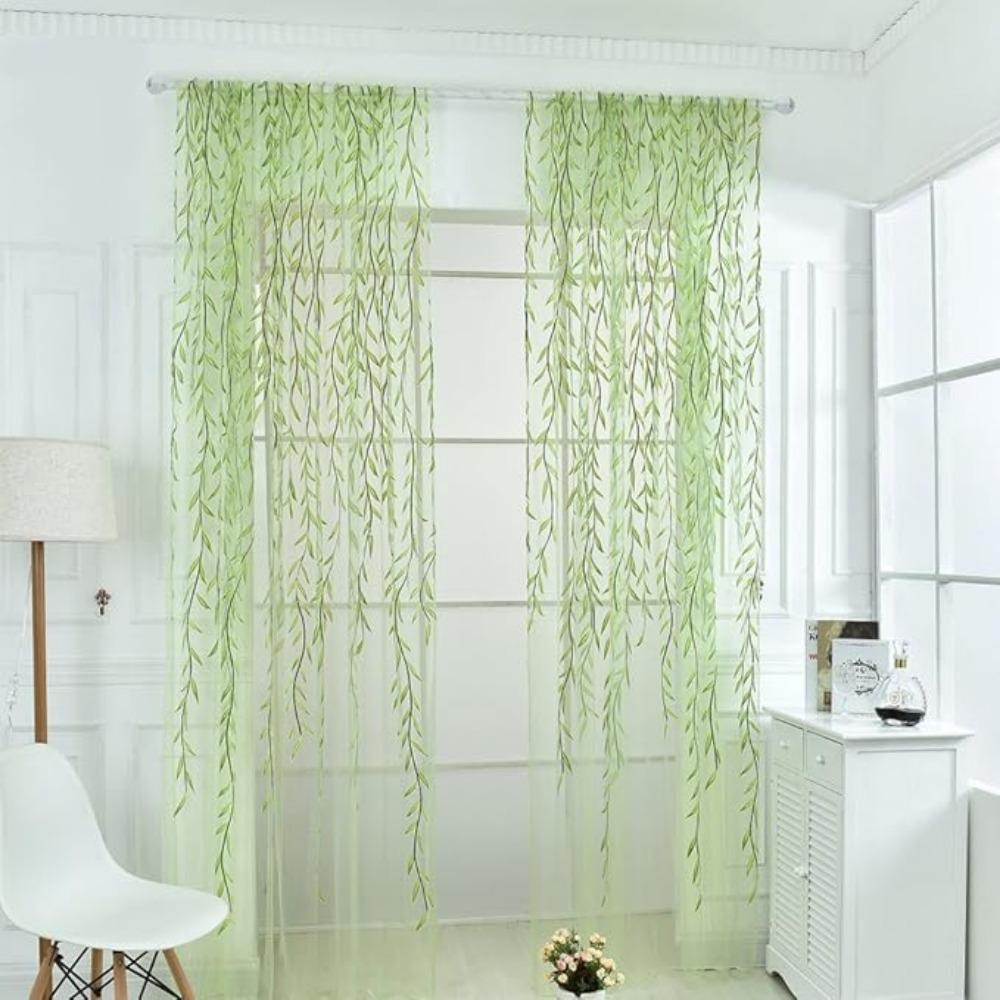 Pieces Window 2 Willow Leaf Curtain Voile Tulle Room Salix Leaf Sheer Vine Drapes Curtain Willow Leaf Curtain For Living Room Bedroom Balcony