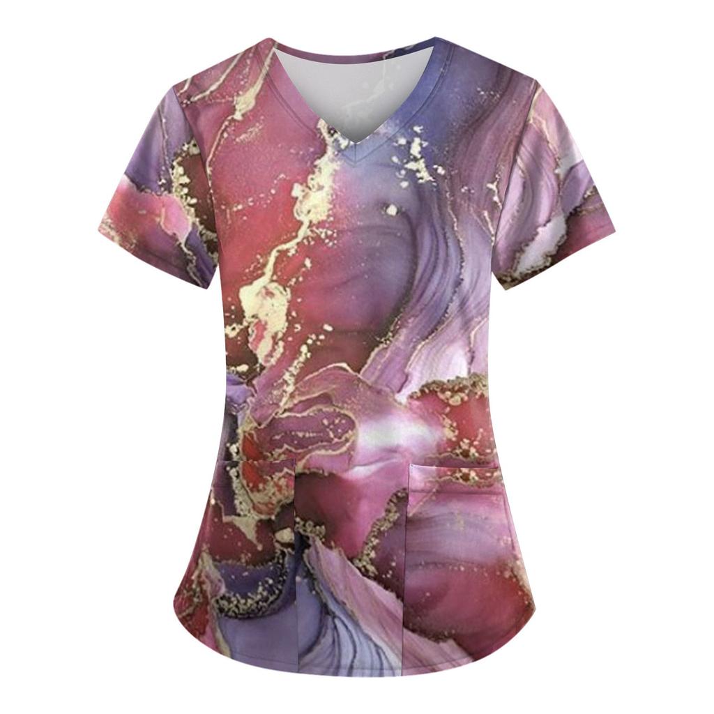 Modische bedruckte Damen-Arbeitsuniform mit Taschen-T-Shirt, kurzärmeliges Oberteil