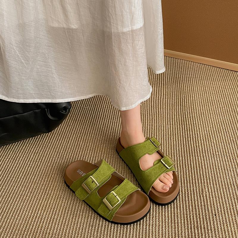 Green thick-soled one-word slippers women's summer wear non-slip soft-soled Birkencool slippers