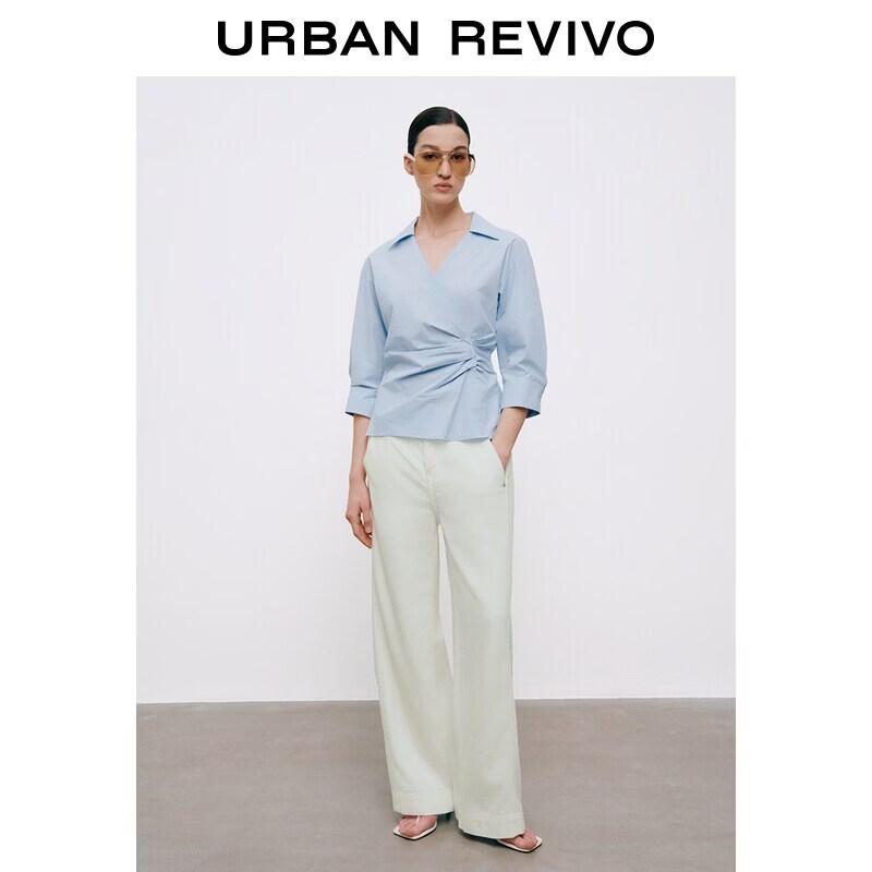 UR2026 Women's V-Neck Pleated Cotton Blouse