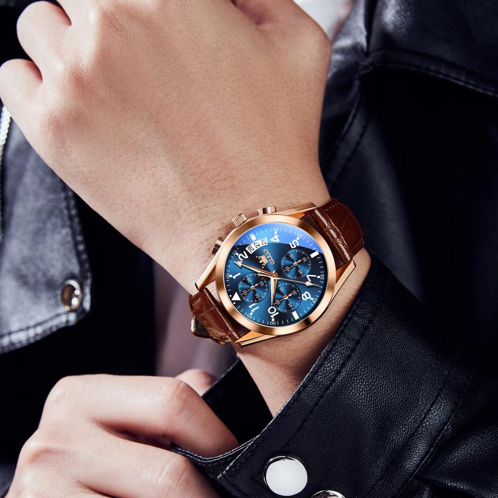 OLEVS Business Popular Leather Quartz Movement with Date Luminous Fashionable Analog Wristwatch with Blue Cool Casual Arabic Stylish Sports Watch
