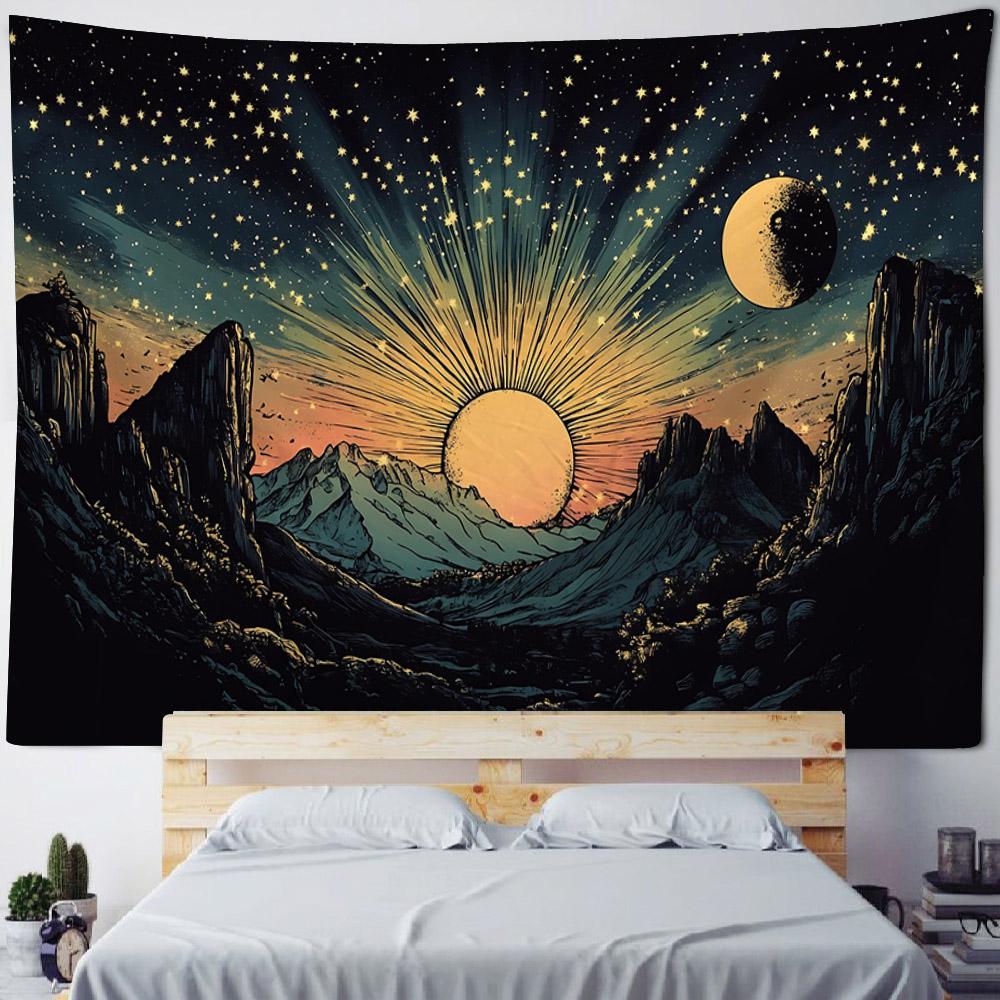 Mountain Starry Sky Tapestry Hippie Bohemian Wall Hanging Living Room Home Aesthetics Fabric Decoration Background Poster