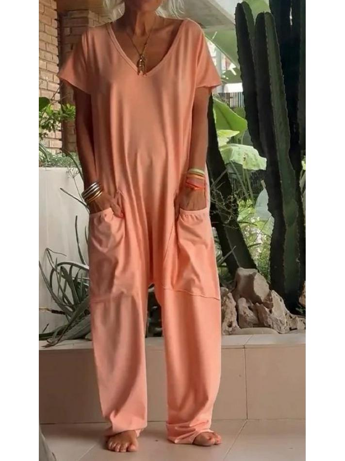 2026 Spring/Summer Women's Solid Color Low Crotch Jumpsuit with Large Pockets - Elegant, Europe/America Style