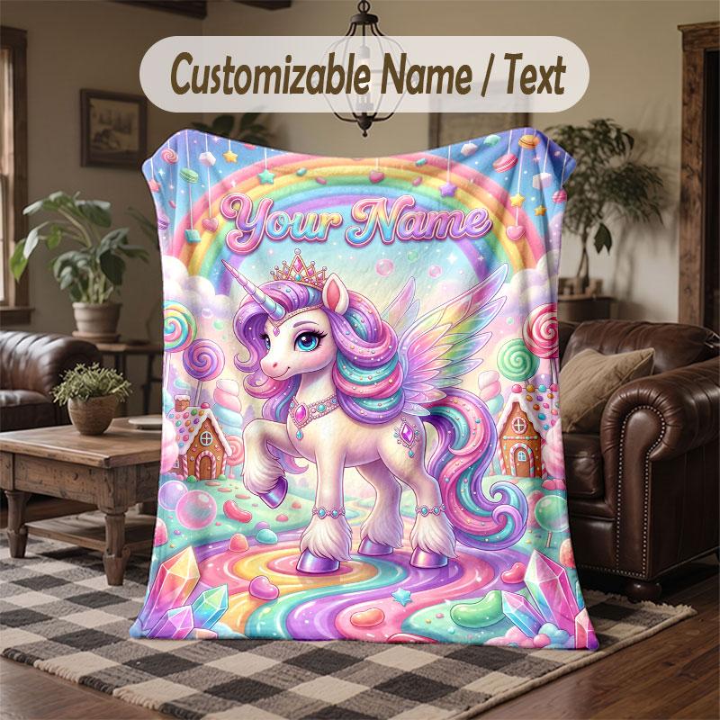 Unicorn Theme Throw Blanket Custom Name Text Personalized Blanket Soft Cozy Blanket for Home Sofa Bed