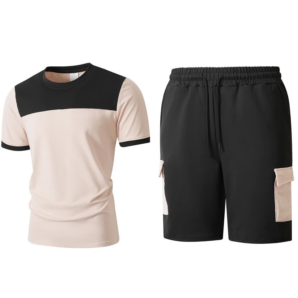 Men Color Block Casual Round Neck Short Sleeve T Shirt Cargo Shorts Two Piece Set