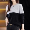 Women's Color Block Wool Sweater: Stylish Round Neck Loose Knit for Autumn & Winter