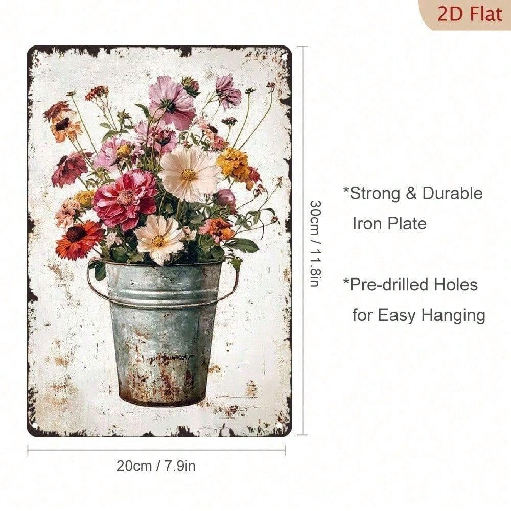 Vintage Wildflower Bouquet Metal Wall Art, Rustic Farmhouse Decor for Living Room