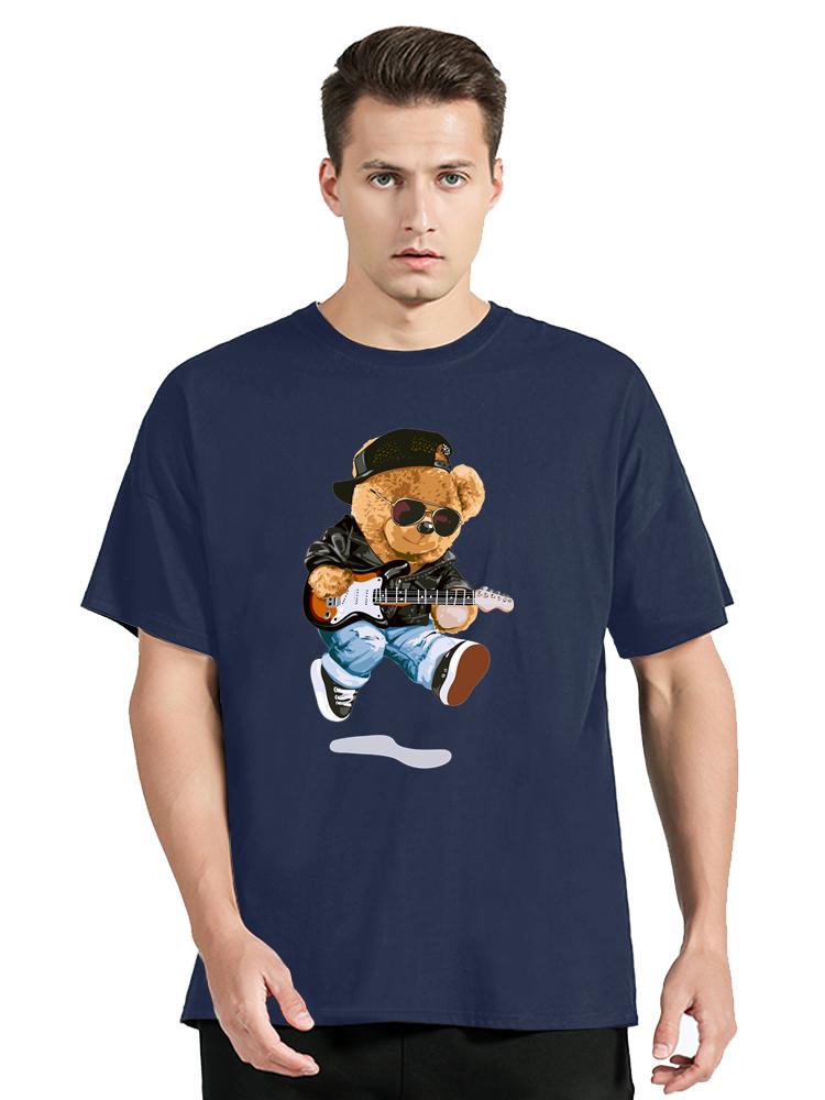 Cool Bear In Rocker Style With Electric Guitar TShirt Hip Hop Rock Cotton Tops Tees Mens Clothing Oversized Tshirt