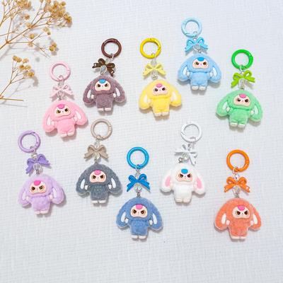 Bowknot Flocked Big-Eared Doll Keychain - 3D Cartoon Figurine for Schoolbags