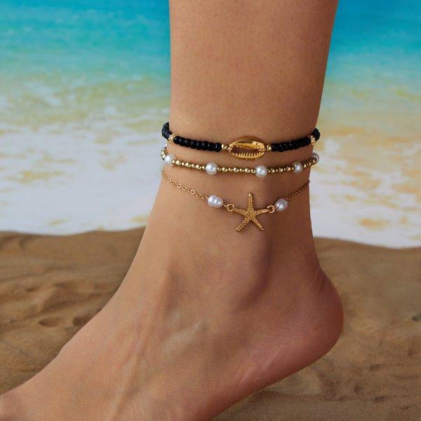 Vintage Gold Color Double Layer Anklet for Women Star Pearl Starfish Zircon Pineapple Anklets Bracelets Foot Chain Beach Jewelry