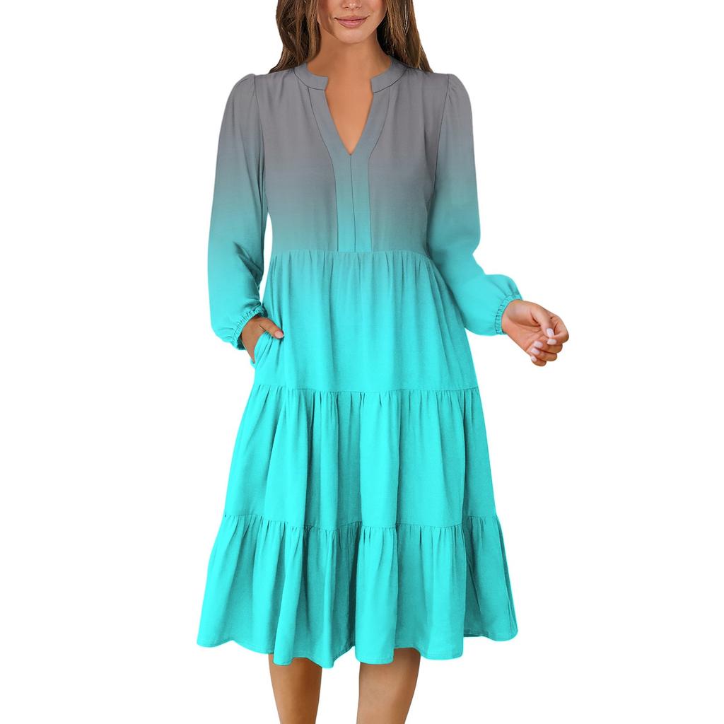 Women's V-Neck Flowing Layered Bohemian Long Sleeve Gradient Print Dress