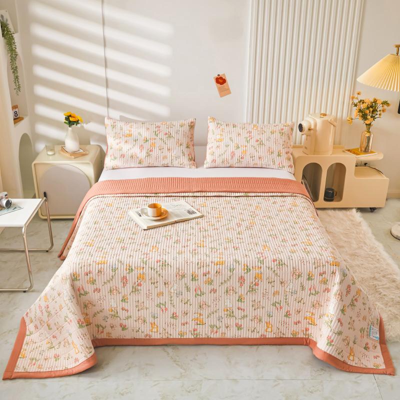 3PC Garden Floral Bed Cover Double Gauze Washed Cotton Skin Friendly Bed Cover Thin Quilt